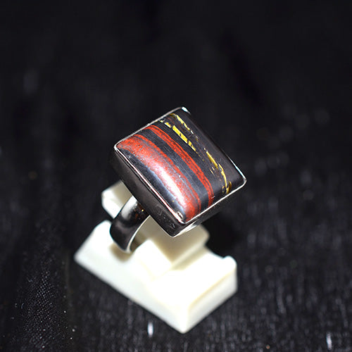 925 Sterling Silver Banded Tiger Iron Square Ring