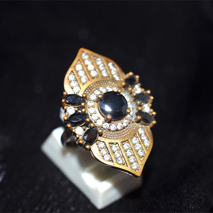 6 Carat Gold Plated Black Onyx Art-Deco Leaf Ring