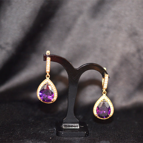 6 Carat Gold Plated Amethyst Teardrop Halo Drop Earrings