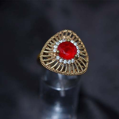 6 Carat Gold Plated Red Crystal Sunburst Statement Ring