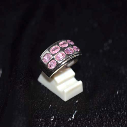 925 Sterling Silver Pink Gemstone Double Row Band Ring