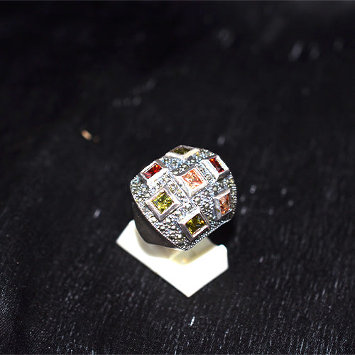 925 Sterling Silver Turkish Multi-Gemstone and Marcasite Quilted Dome Ring