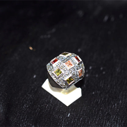 925 Sterling Silver Turkish Multi-Gemstone and Marcasite Quilted Dome Ring