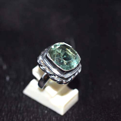 925 Sterling Silver Cushion Cut Green Amethyst Layered Setting Ring
