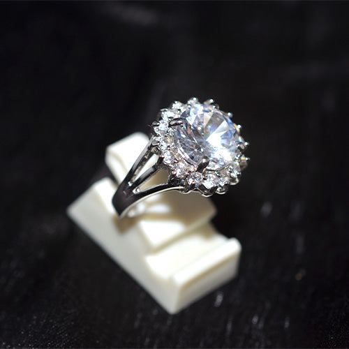 925 Sterling Silver Round Cubic Zirconia Flower Halo Split Shank Ring