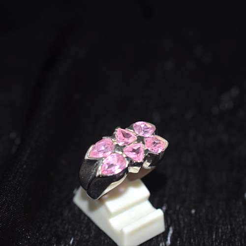 925 Sterling Silver Pink Gemstone Flower Motif Ring
