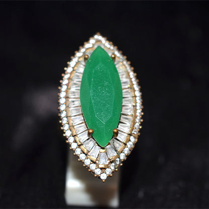6 Carat Gold Plated Turkish Marquise Green Agate Ballerina Halo Ring