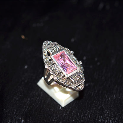 925 Sterling Silver Turkish Pink Crystal and Marcasite Art Deco Shield Ring