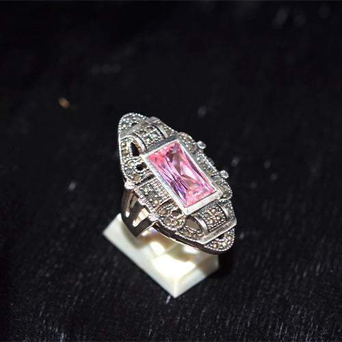 925 Sterling Silver Turkish Pink Crystal and Marcasite Art Deco Shield Ring
