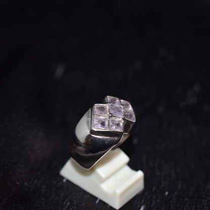 925 Sterling Silver Purple Amethyst Checkerboard Motif Ring