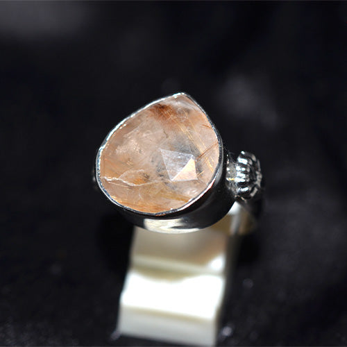 925 Sterling Silver Pear-Shaped Rutilated Quartz Ring with Ornate Shank