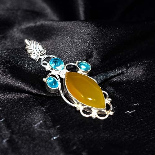 925 Sterling Silver Yellow Agate and Blue Topaz Vintage Scroll Pendant