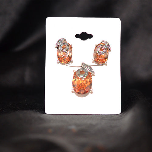 925 Sterling Silver Oval Champagne Crystal Leaf Bail Pendant and Earring Set