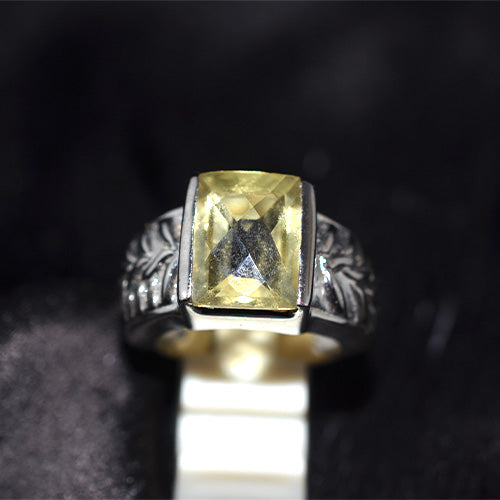 925 Sterling Silver Rectangle Lemon Quartz Carved Pattern Ring