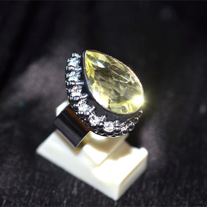 925 Sterling Silver Pear-Shaped Citrine Turkish Ring with Granulated Setting