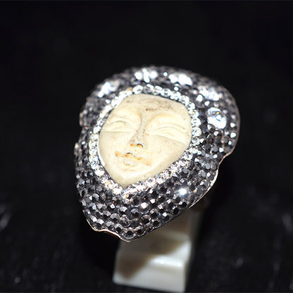 925 Sterling Silver Turkish Handmade Carved Bone Pave Halo Ring