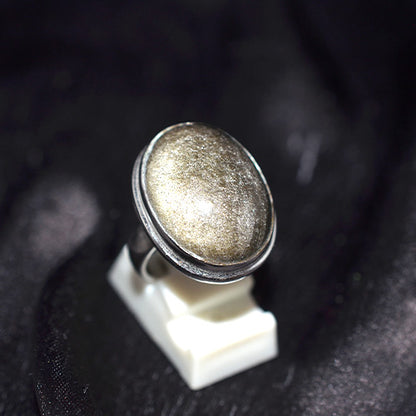 925 Sterling Silver Golden Sheen Obsidian Oval Ring