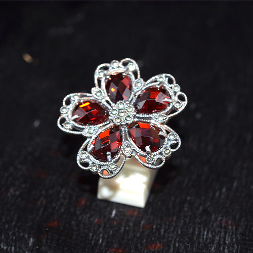925 Sterling Silver Turkish Red Garnet and Marcasite Filigree Flower Ring