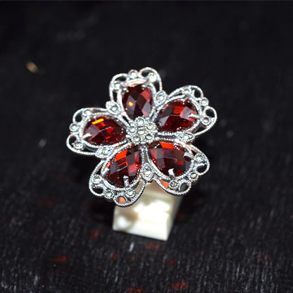 925 Sterling Silver Turkish Red Garnet and Marcasite Filigree Flower Ring