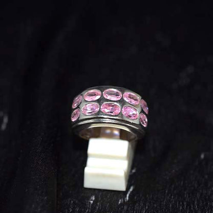 925 Sterling Silver Pink Gemstone Double Row Band Ring