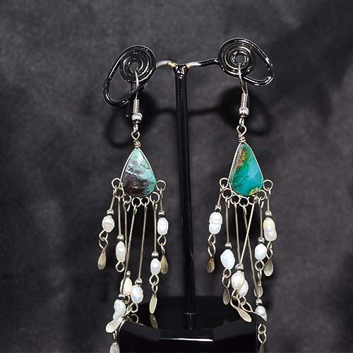 925 Sterling Silver Green Turquoise and Pearl Chandelier Earrings