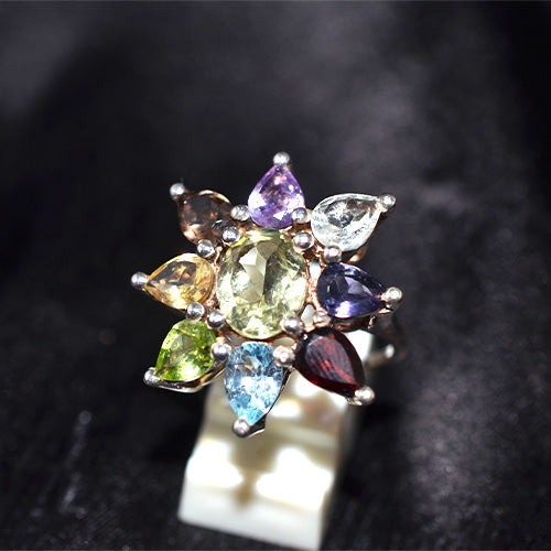925 Sterling Silver Multi Gemstone Starburst Cluster Ring