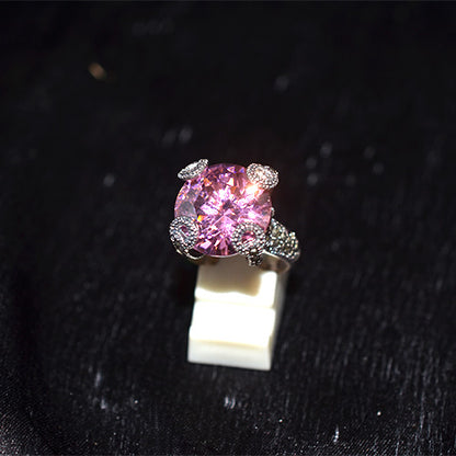925 Sterling Silver Turkish Cushion-Cut Pink Crystal and Marcasite Ring