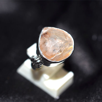 925 Sterling Silver Pear-Shaped Rutilated Quartz Ring with Ornate Shank