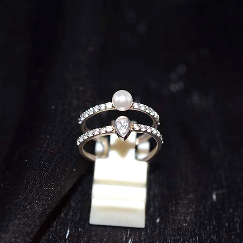 925 Sterling Silver Pearl and Cubic Zirconia Double Band Ring