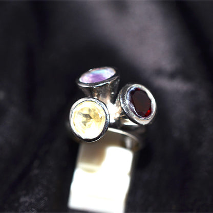 925 Sterling Silver Multi Gemstone Three Stone Tripod Ring