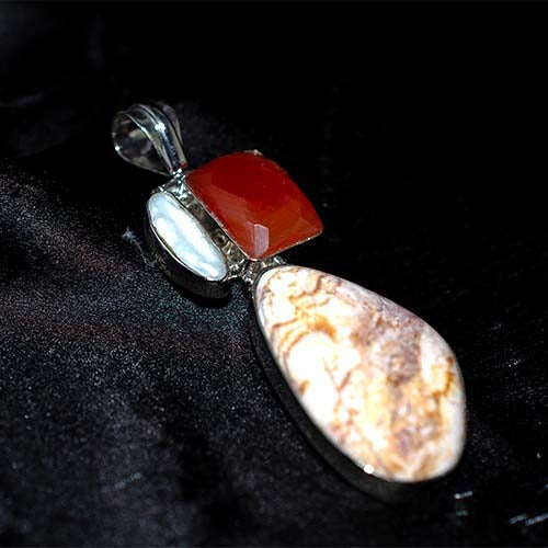 925 Sterling Silver Red Jasper Carnelian Moonstone Statement Pendant