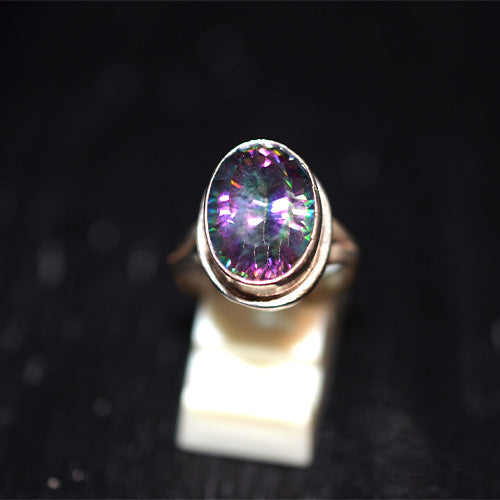 925 Sterling Silver Oval Mystic Topaz Simple Bezel Split Shank Ring