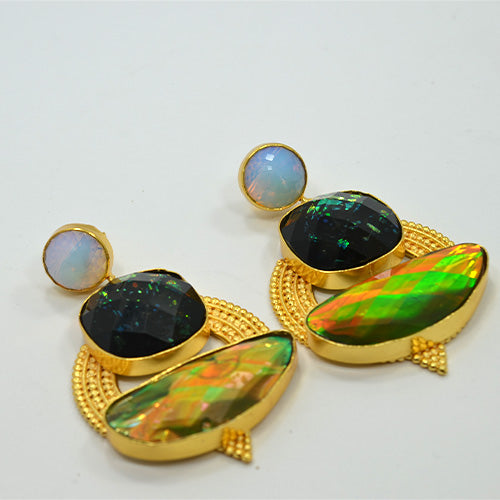 6 Carat Gold Plated Opal and Black Gemstone Art Deco Drop Earrings