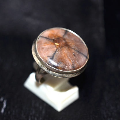 925 Sterling Silver Light Brown Chiastolite Round Ring