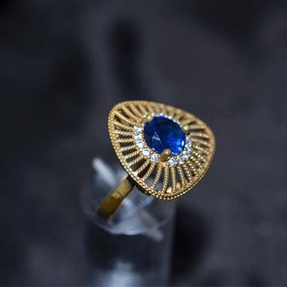 6 Carat Gold Plated Blue Crystal Sunburst Statement Ring