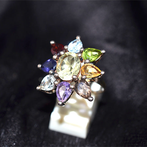 925 Sterling Silver Multi Gemstone Sunflower Cluster Ring