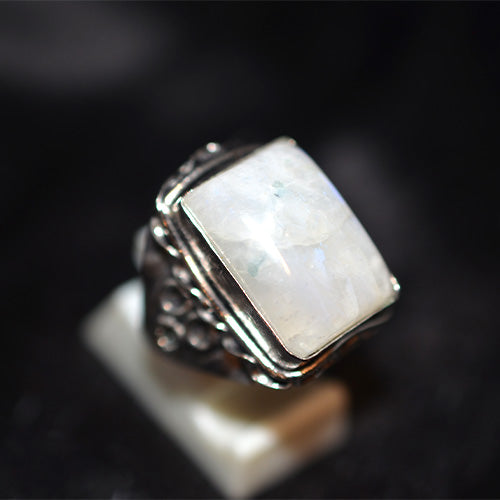 925 Sterling Silver Rectangle Rainbow Moonstone Turkish Ring with Textured Band