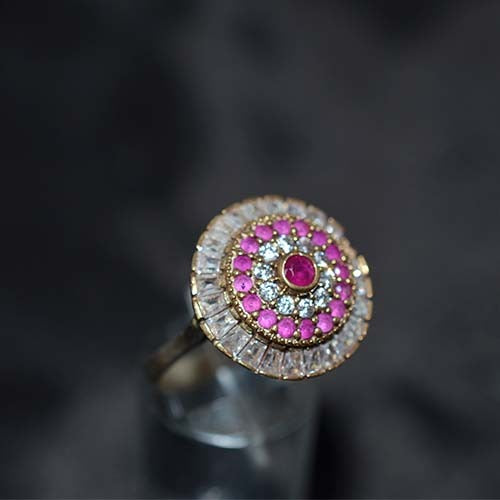 6 Carat Gold Plated Pink and White Circular Halo Ring