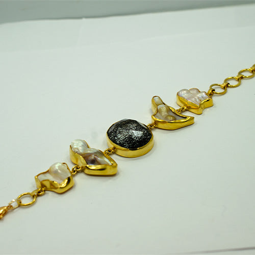 6 Carat Gold Plated Black Gemstone and Baroque Pearl Bracelet