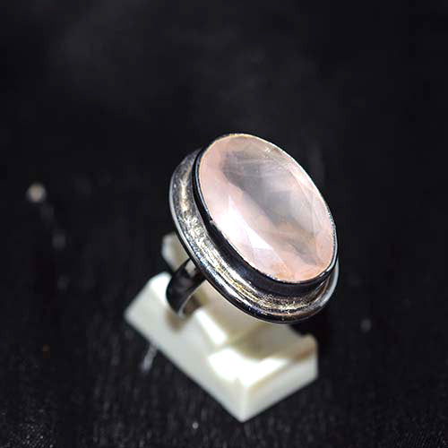 925 Sterling Silver Oval Rose Quartz Textured Bezel Ring
