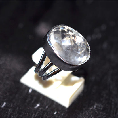 925 Sterling Silver Oval Faceted Crystal Quartz Ring with Triple Shank