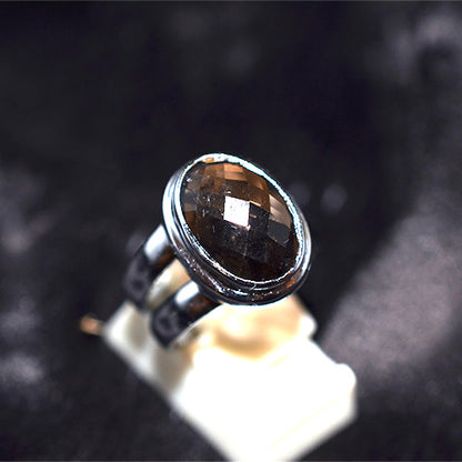 925 Sterling Silver Oval Smoky Quartz Triple Band Ring