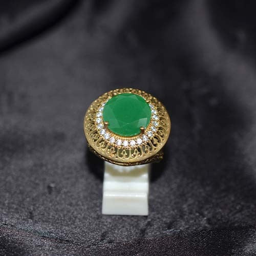 6 Carat Gold Plated Green Onyx Ornate Dome Ring