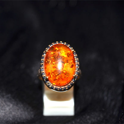 925 Sterling Silver Turkish Amber Cabochon Halo Ring