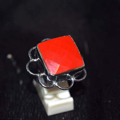 925 Sterling Silver Square Red Coral Scalloped Ring
