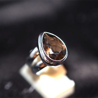 925 Sterling Silver Pear-Shaped Smoky Quartz Ring with Split Shank
