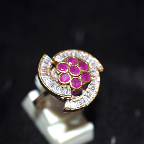 6 Carat Gold Plated Pink Ruby Baguette Swirl Ring