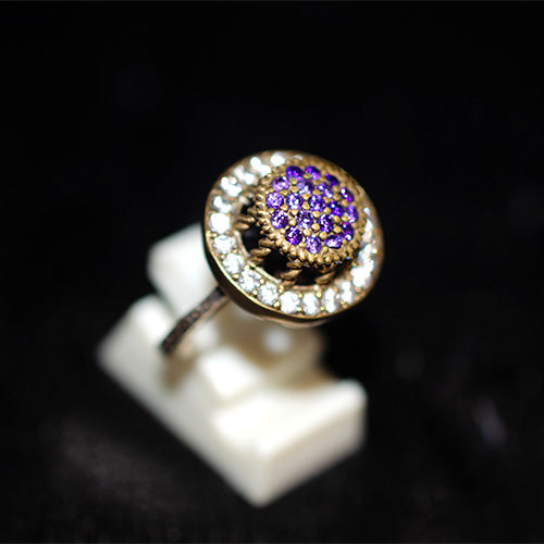 6 Carat Gold Plated Turkish Amethyst Pave Cluster Halo Ring