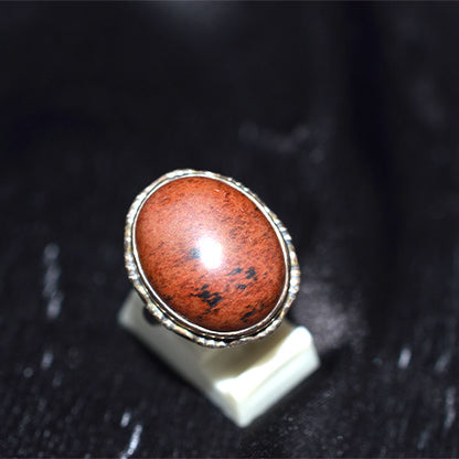 925 Sterling Silver Mahogany Obsidian Oval Beaded Ring