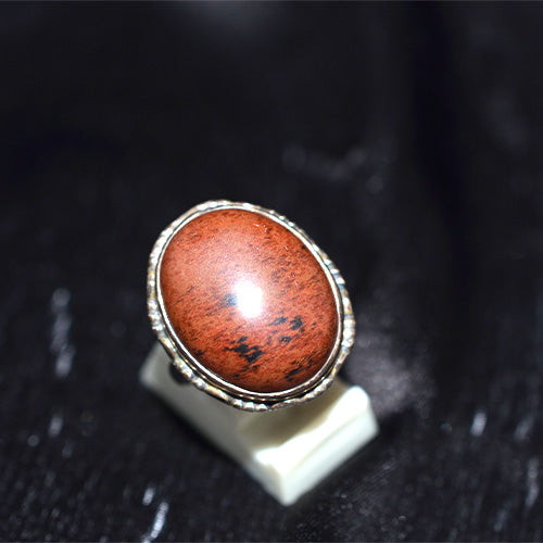 925 Sterling Silver Mahogany Obsidian Oval Beaded Ring